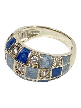 ROSS-SIMONS VTG CUBIC ZIRCONIA BLUE ENAMEL STAMPED STERLING SILVER RING SIZE 6.5